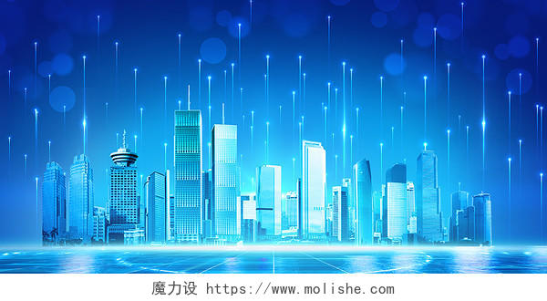 蓝色科技城市风格企业年会展板背景科技城市模型